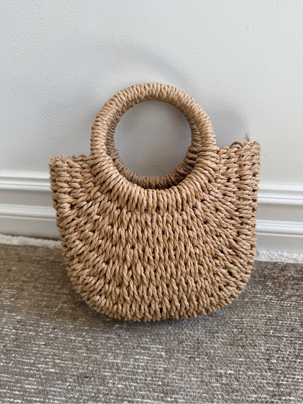 Woven Round-Handle Straw Tote - Natural - Picture 4 of 6